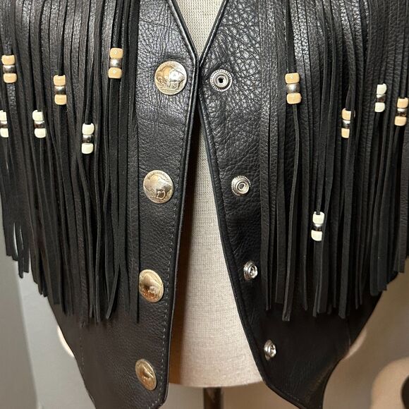 S.P. Leathers Buffalo Nickel Snap Bikers Vest Black Fringe Native Beadwork 10-12 - Picture 2 of 13